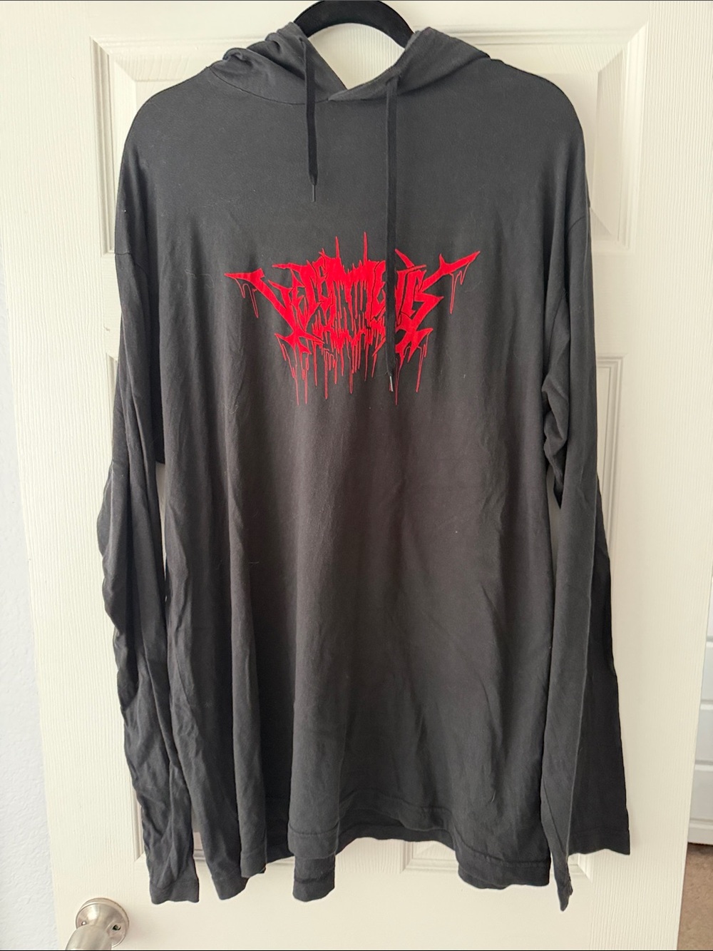 Vetements Black Hooded Long-Sleeve Tee with Red Drip Logo